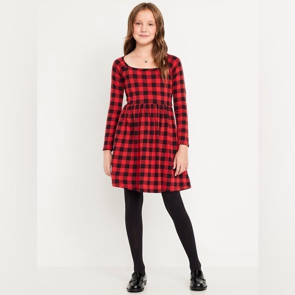 Long-Sleeve Printed Fit and Flare Dress for Girls